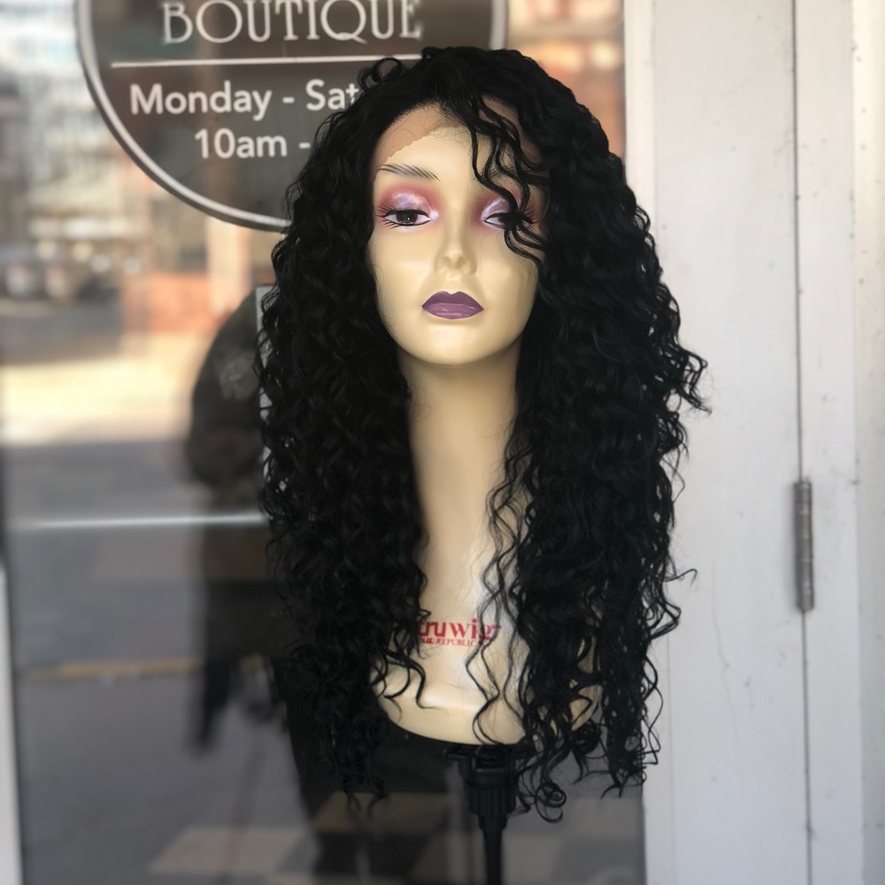Black curly swisslace lacefront Freepart Long Wig - Picture 1 of 8